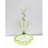 A Victorian glass three trumpet epergne with wavy dish base, part of spiral detail missing