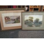 Two rural watercolours, a mid 20th Century watercolour of a lilly pond, monogram MEM lower left,