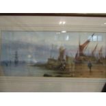 G.CALLOUR: East Anglian coast with fishing boats and fisher folk. Watercolour dated 1879, water