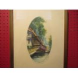 An oval overpainted print "La Bossin Fleuri" (The Flower Pond) pencil signed, framed and glazed,