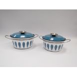 Catherine Holm: Two original vintage blue/white lotus enamelled Norwegian pans with handles and