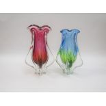 Two Czech glass vases in blue and green and amber and cranberry colourways encased in clear. Largest