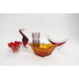 Five Art glass items to include a Flygfors splash bowl, Rosice amethyst waisted vase by Jan