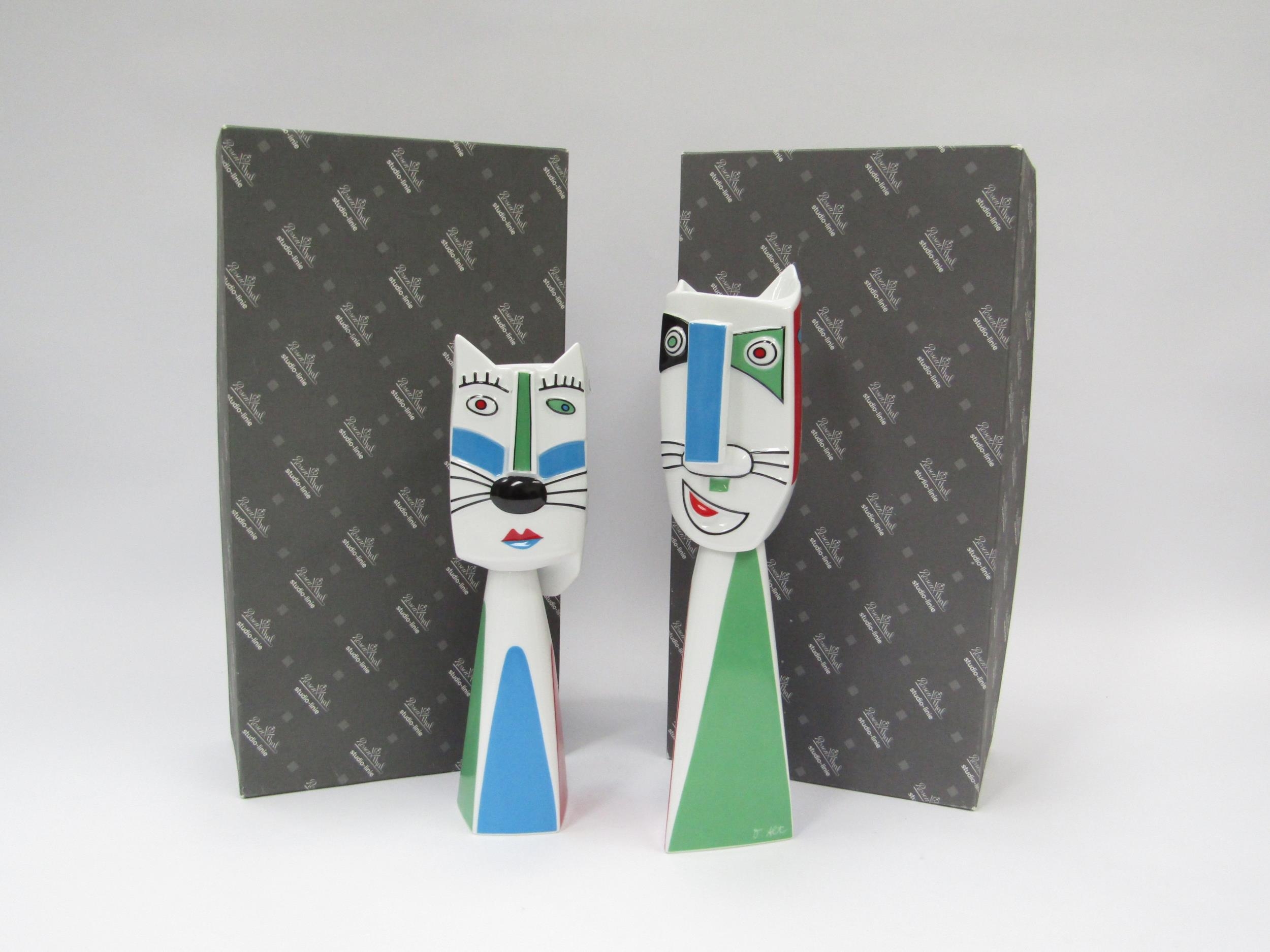 A pair of Rosenthal porcelain candleholders by Otmar Alt with cat / human faces. Signature in print.