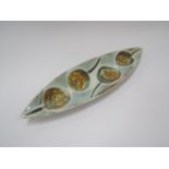 1960's tin glazed footed spear shaped studio pottery dish with pomegranite decoration top and