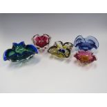 Five Czech/Murano glass dishes in various colours, encased in clear. Largest 10cm high
