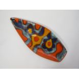 A Poole Delphis spear shaped dish, possibly decorated by Christine Phillips in orange, yellow and