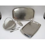 A collection of Robert Welsh Old Hall stainless steel including two trays, cake stand, toast rack