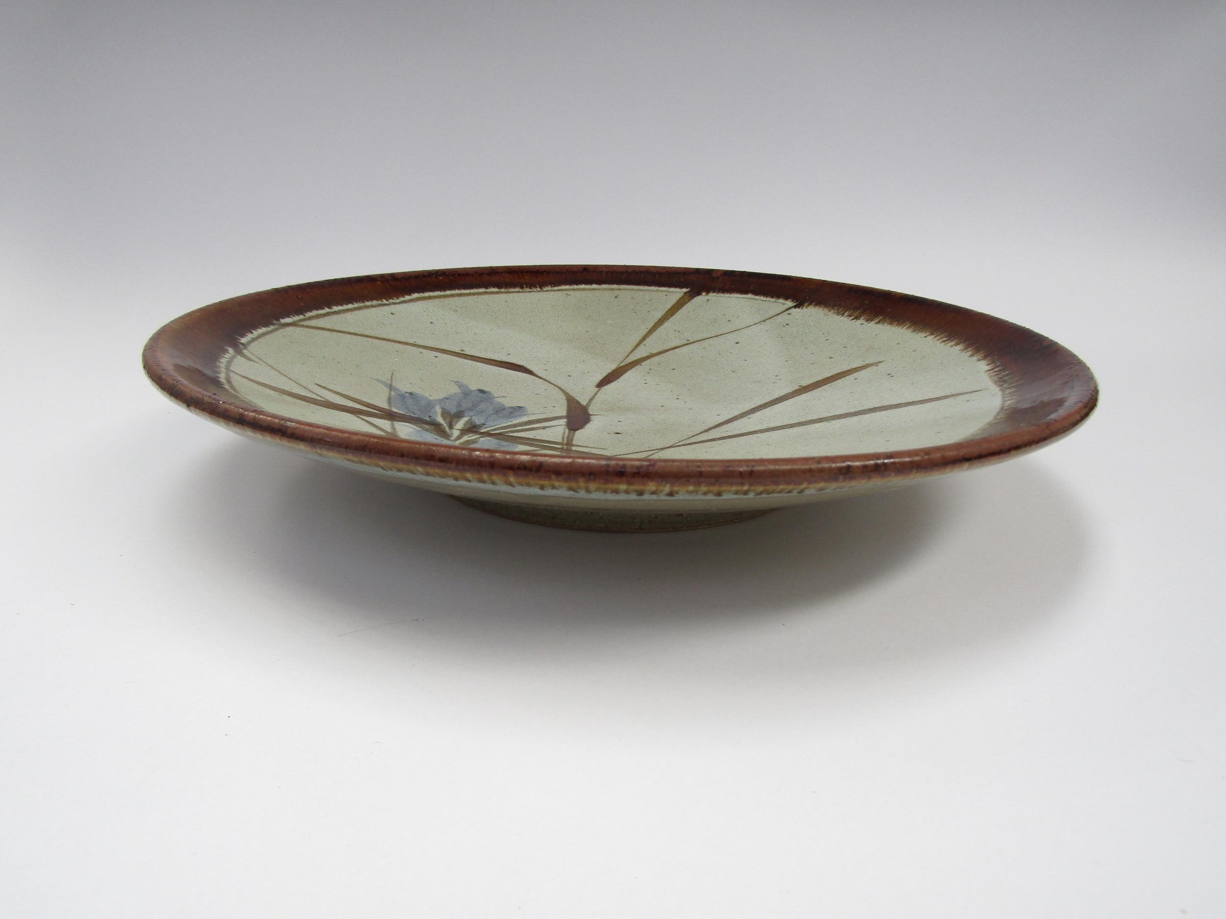 Large studio pottery dish with blue flowers and grass design. 37.5cm diameter - Image 2 of 3