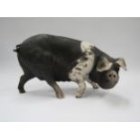 LAWSON RUDGE : A raku figure of a Wiltshire Saddleback pig, signed to belly. (Repair to tail) 37cm