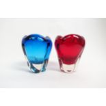 Two Whitefriars 9410 'Molar' vases in ruby and kingfisher blue. 14cm high