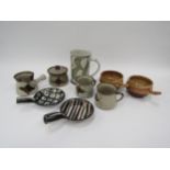 Nine pieces of studio pottery including four Lowerdown tablewares, Aldermaston style tankard, two