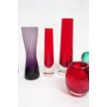 Nine items of Whitefriars glass including bubble inclusion green bowl, lobed vases and stem vases in