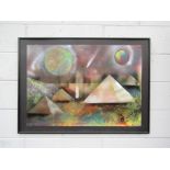 A framed spray painted space/futuristic world pyramids, unsigned. Image size 63cm x 90cm
