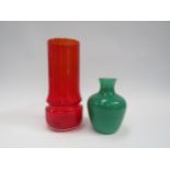 A Finnish red glass waisted cylindrical vase, 25cm high, together with a green shouldered vase, 15cm