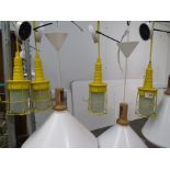 Four ceiling pendant lights in the form of yellow inspection. Each 28cm high