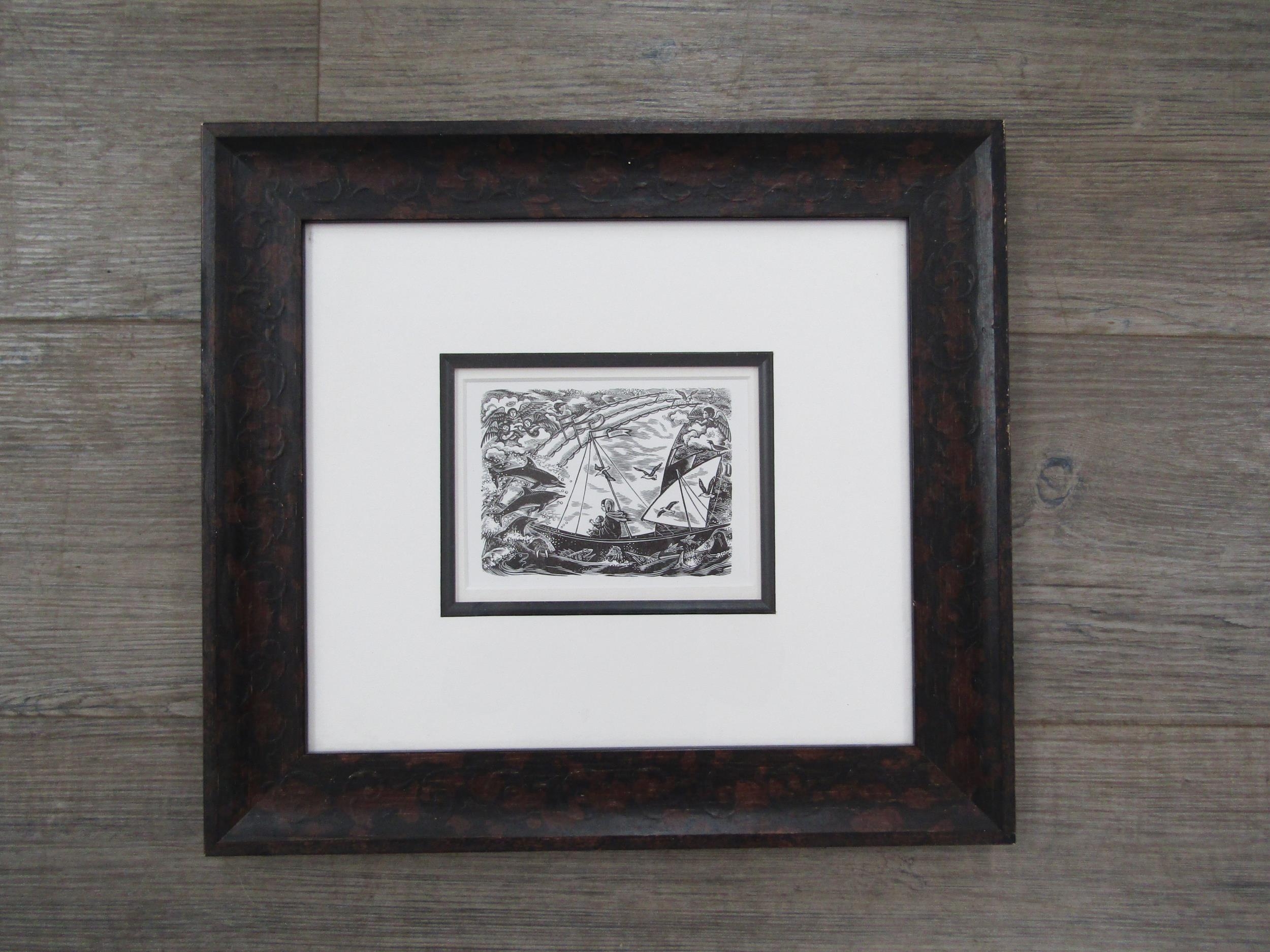 A framed original wood engraving print by Miriam Macgregor published by the Society of wood