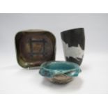 Three raku fired studio pottery vessels, potter's marks to bowls. Largest 18cm high