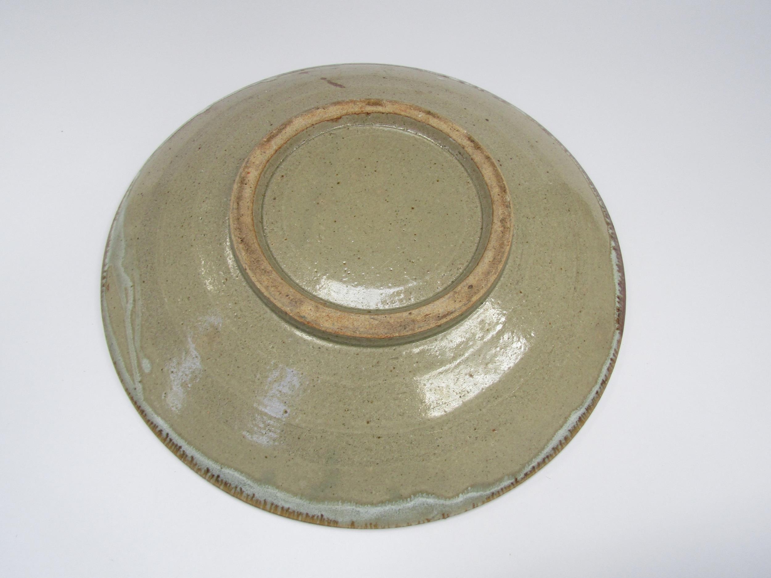 Large studio pottery dish with blue flowers and grass design. 37.5cm diameter - Image 3 of 3