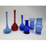 A collection of Scandinavian glass including Riihimaen, Arthur Percy etc in blues and red. Tallest