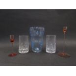 A collection of glass to include Wedgwood Sandringham candlesticks, "flame" tumblers and sapphire