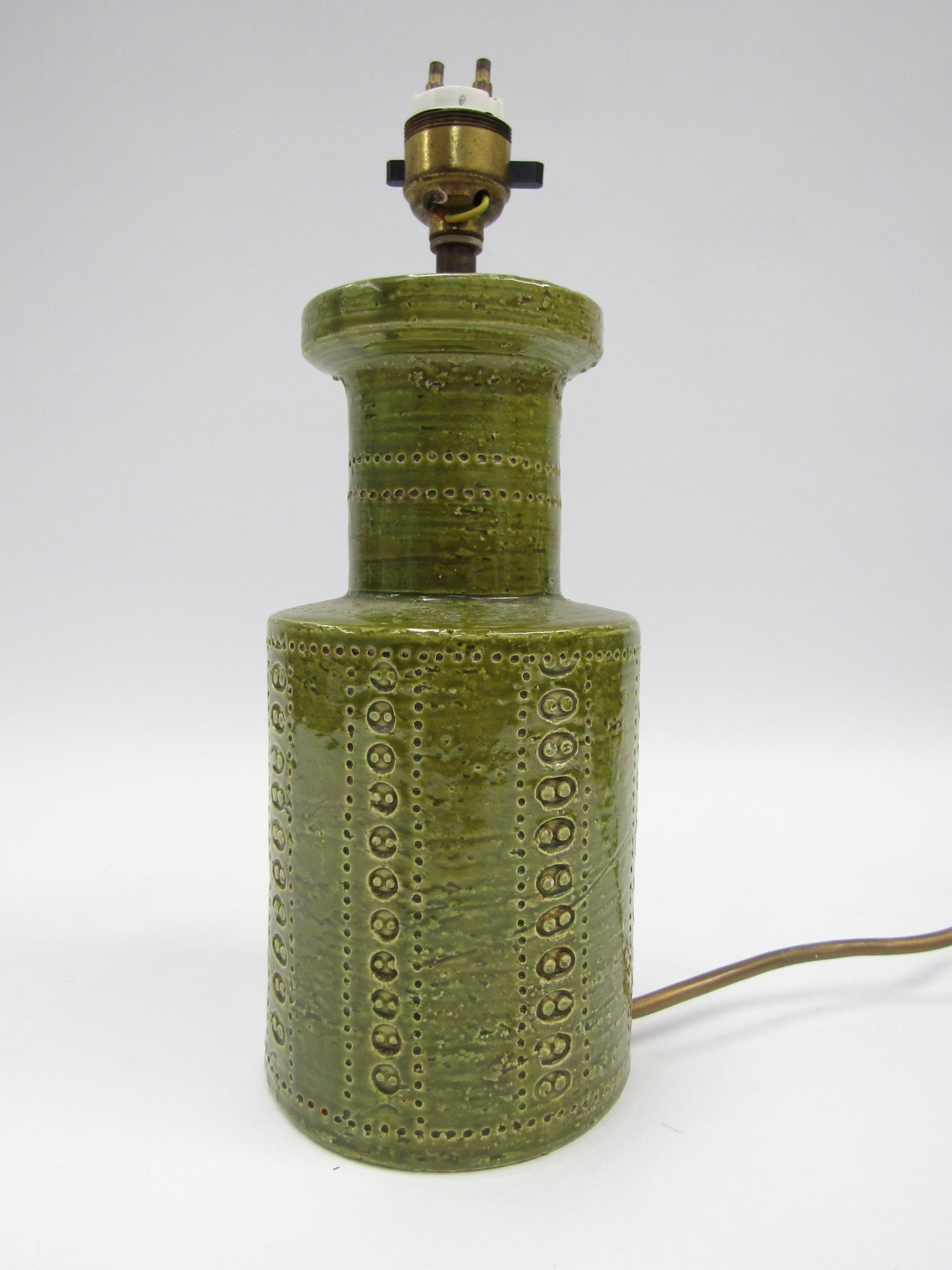 An Italian Bitossi lamp base with green glaze and impressed motif detail, 21.5cm high without - Image 2 of 3