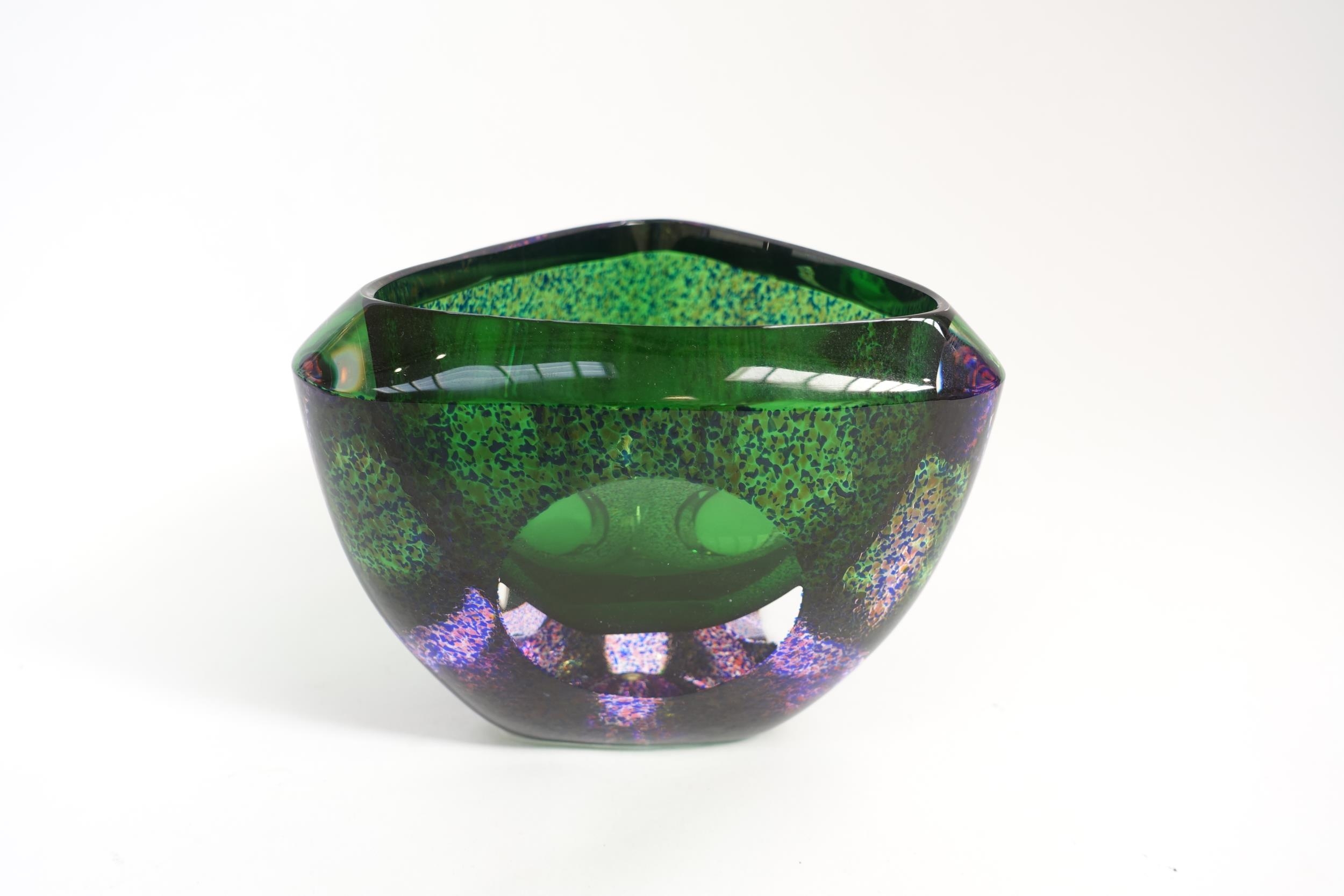An Orrefors glass bowl designed by Erika Lagerbielke in green with mottled blue and amethyst