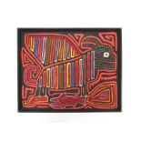 An original framed embroidered picture of a bird and fish in aboriginal style. Overall size 32.5cm x