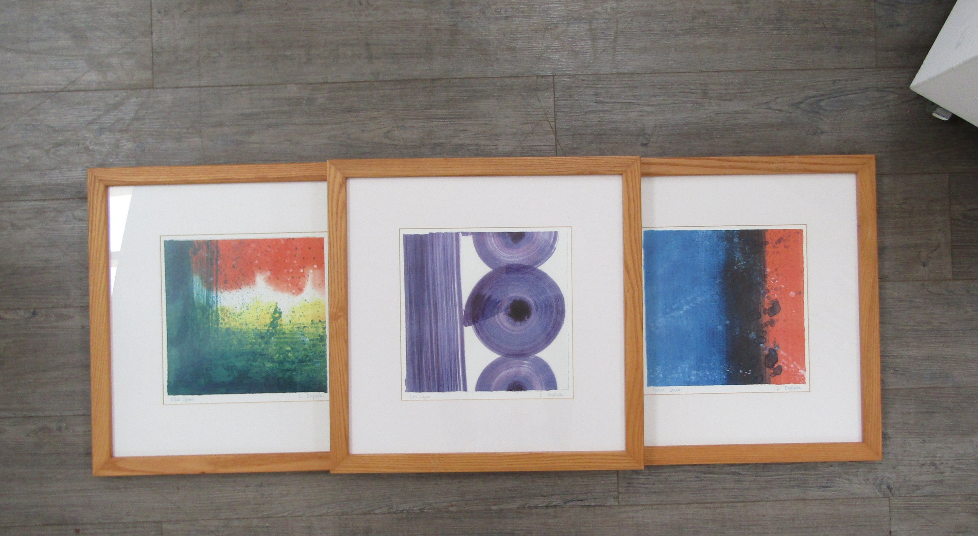 Three Denise Duplock framed original abstract art prints, signed. Image sizes 29.5cm x 20.5cm