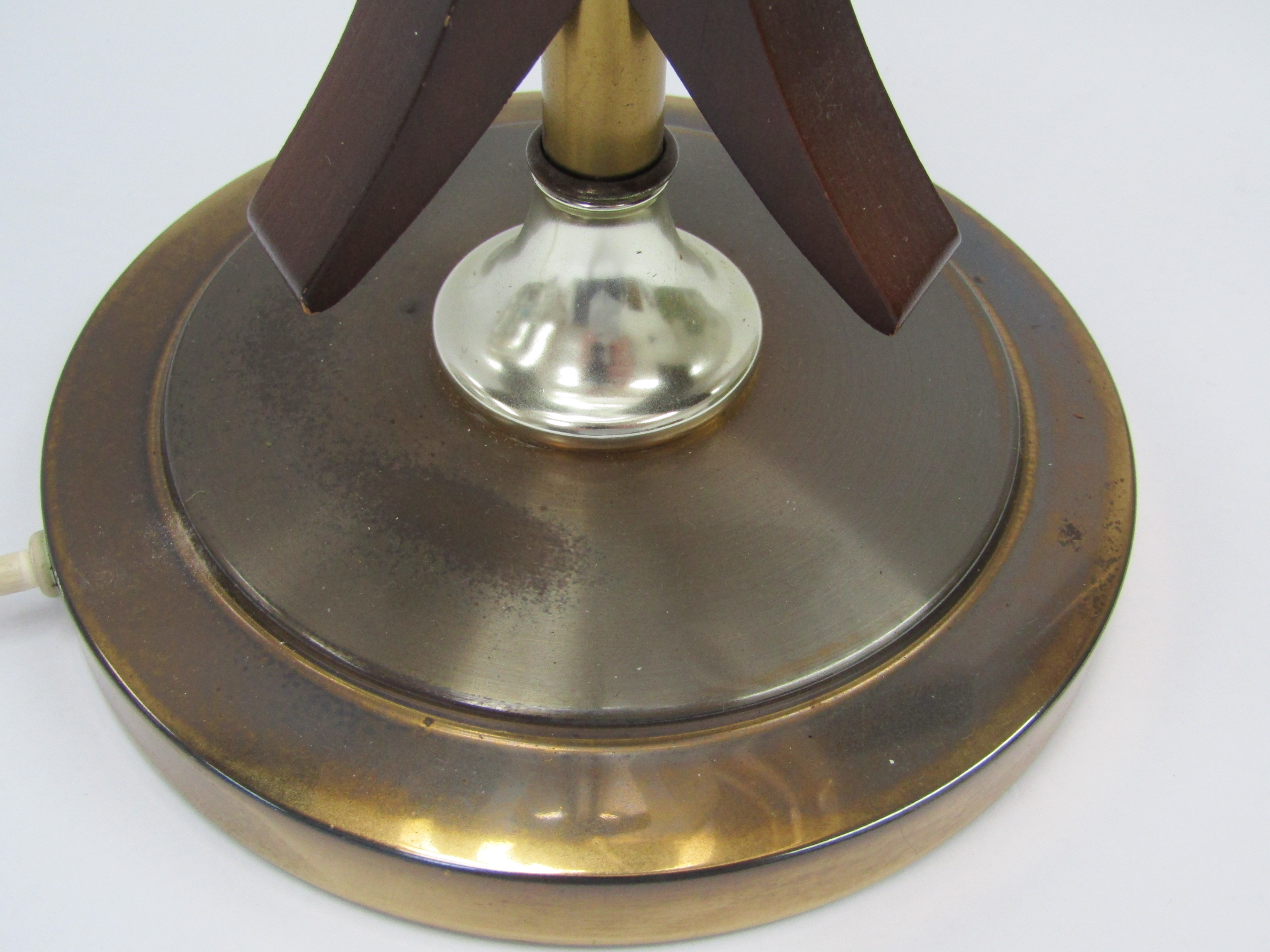 An original 1970's teak and brass metal lamp base and shade, 70cm high - Image 3 of 3