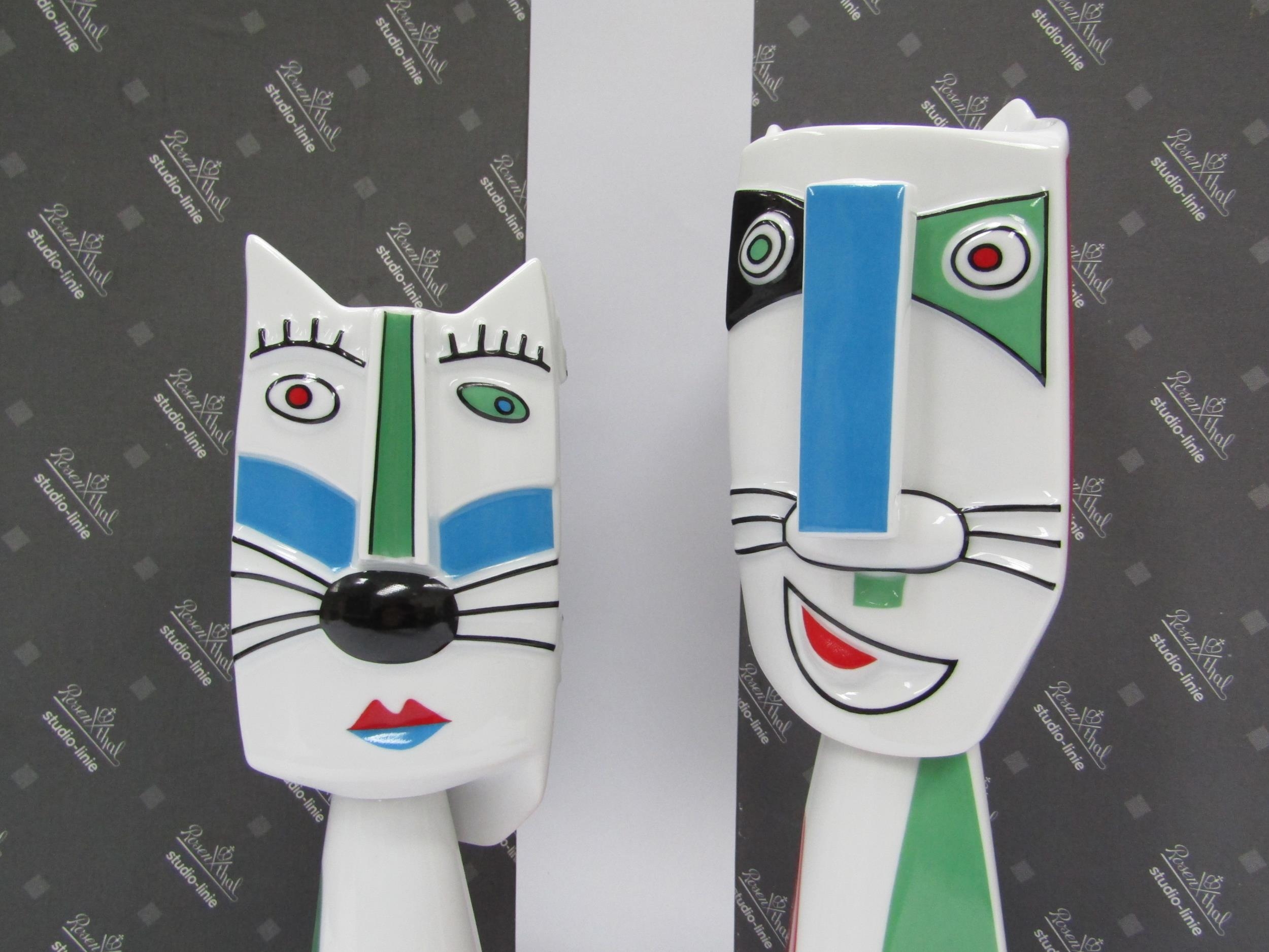 A pair of Rosenthal porcelain candleholders by Otmar Alt with cat / human faces. Signature in print. - Image 2 of 6
