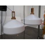 A pair of Paul Croft Studio ceiling pendant lights in white and oak 'Nonla 1' model. 34cm diameter