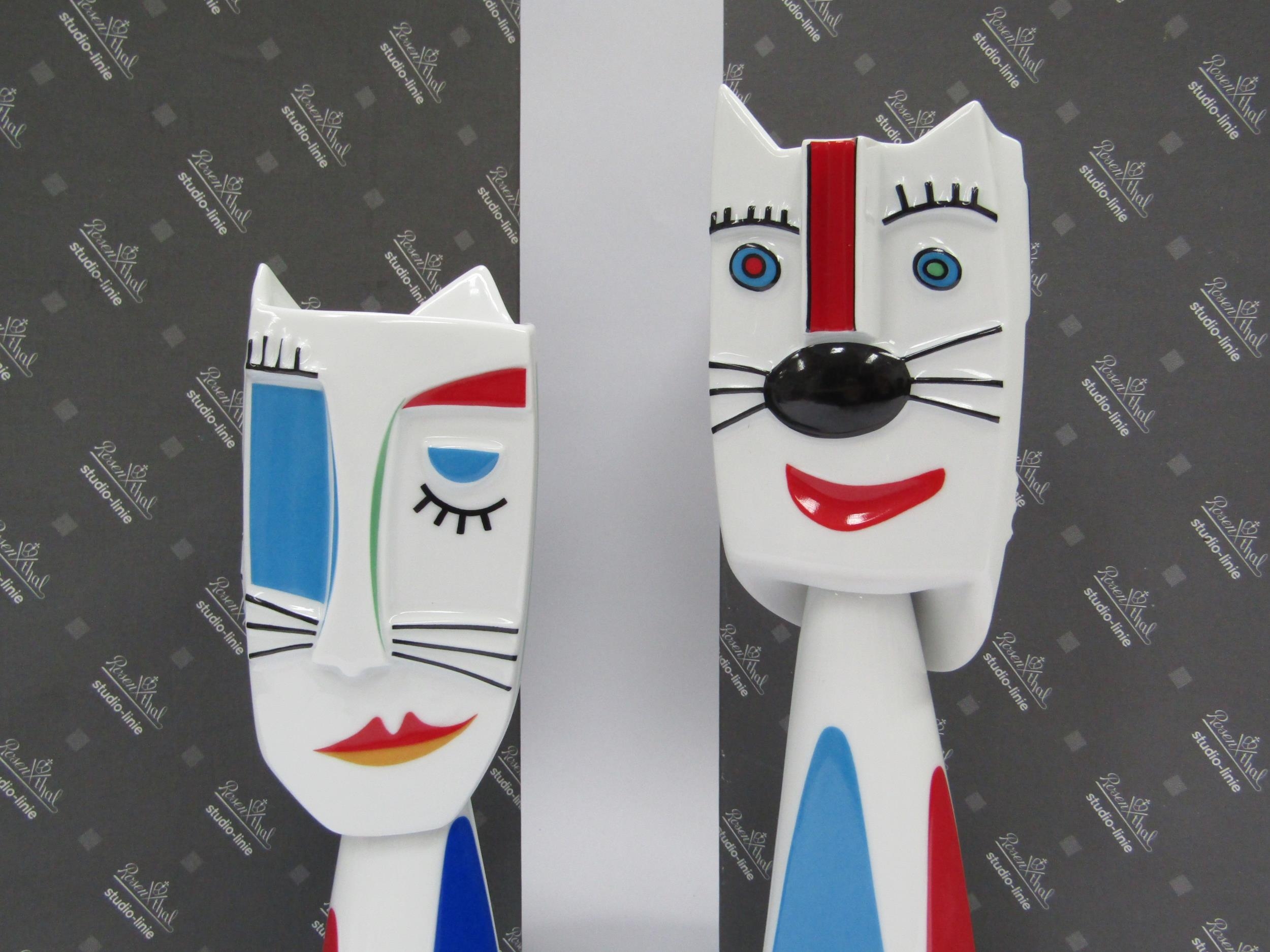 A pair of Rosenthal porcelain candleholders by Otmar Alt with cat / human faces. Signature in print. - Image 3 of 6
