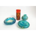 Four Mdina glass items to include red random strap cylindrical vase, blue and ochre vase and two
