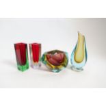 Four pieces on Italian Murano Sommerso glass, two square form stem vases in red and green and red,