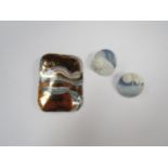Shape Scape ceramic earrings by Elaine Dick MA, along with a large porcelain gold luster brooch