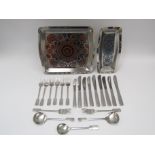 A collection of Gerald Benney Viners stainless steel including two trays and "Design 70" cutlery