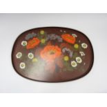 1970's large formica orange and brown poppy flower tray, 38cm x 55cm