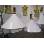 A pair of Paul Crofts studio pendant lights in white and oak, 'Nonla 3' model. 40cm diameter