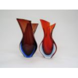 Two Murano Sommerso vases in red and blue, encased in clear glass, split 'crossover' tops, tallest