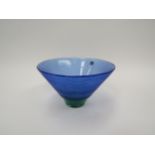 A Hadeland Norway blue and green glass bowl with label and signed to the base, 9.5cm