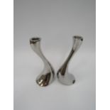 Pair of Georg Jensen Cobra candlesticks in chromed finish, stamped to bases, 20cm high