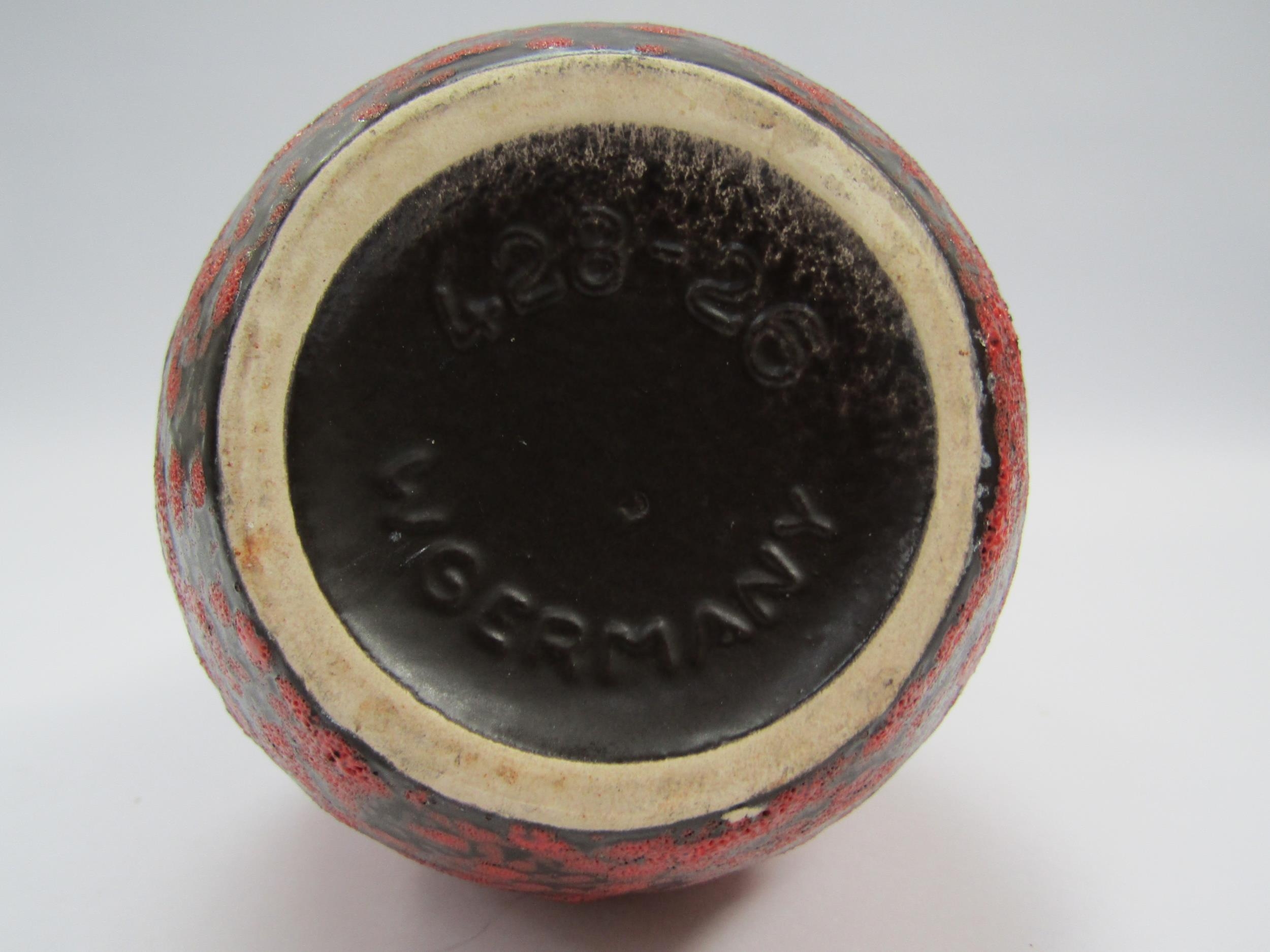 A West German Scheurich vase with single handle and hooped centre in fat lava red and black glaze, - Image 3 of 3