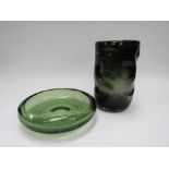 A Whitefriars knobbly range large vase, 21cm high and a Whitefriars green bubble inclusion bowl,