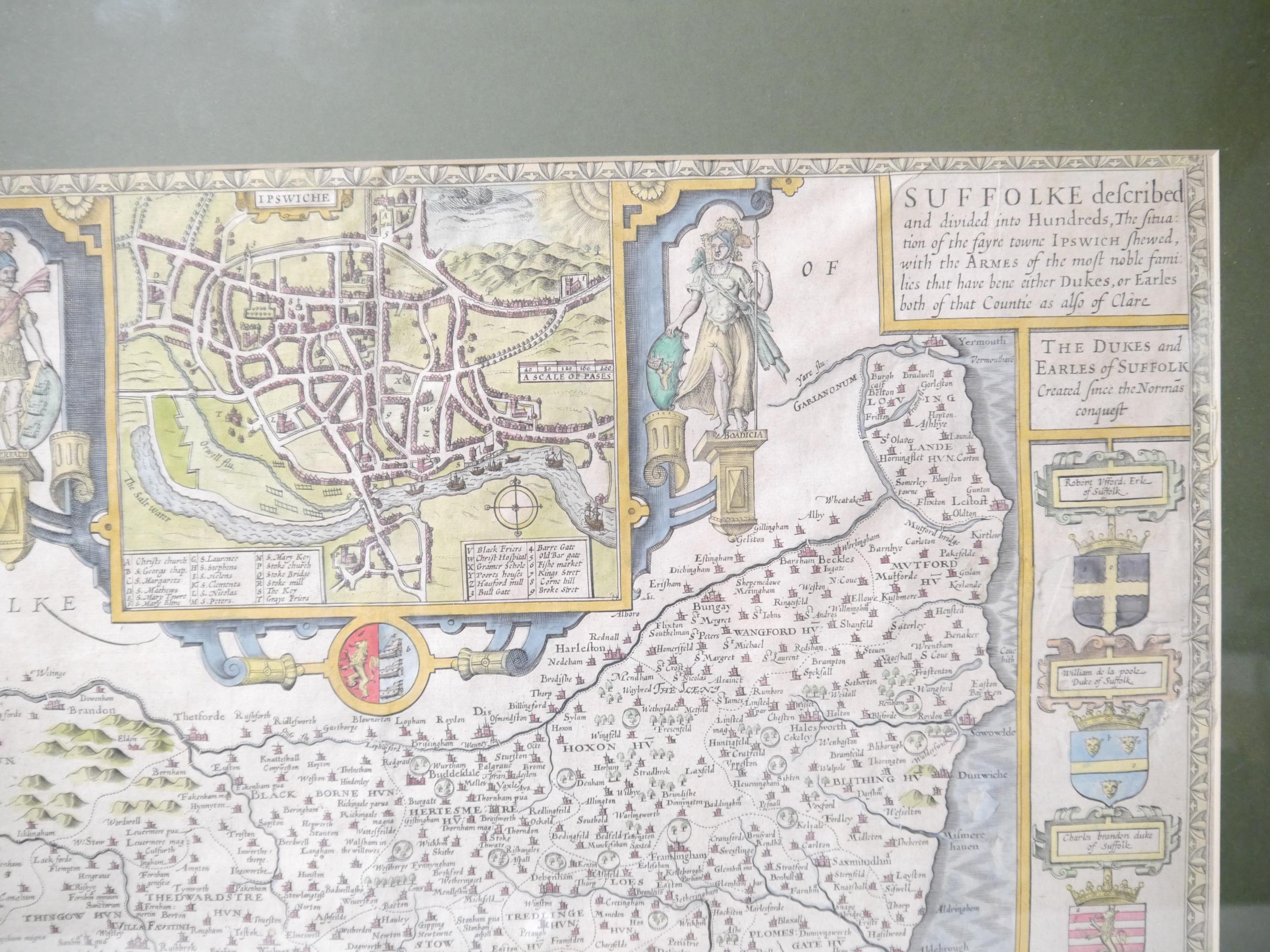 (Suffolk), John Speed: 'Suffolke described and divided into Hundreds', engraved hand coloured map, - Image 5 of 5