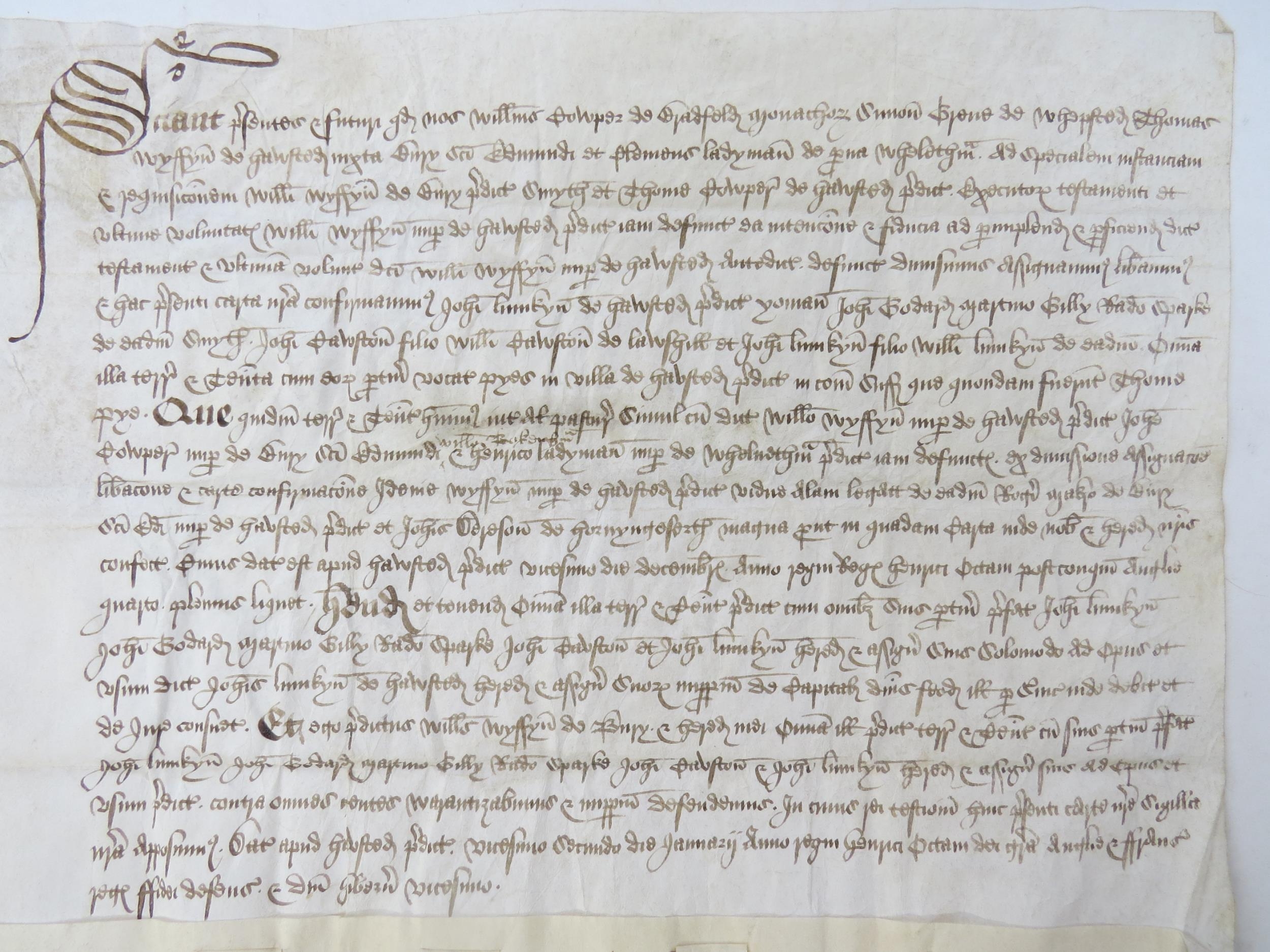 Grant by feoffees in fulfilment of a will; 22 Jan 1529 William Cowper of Bradfield St George ( - Image 2 of 13