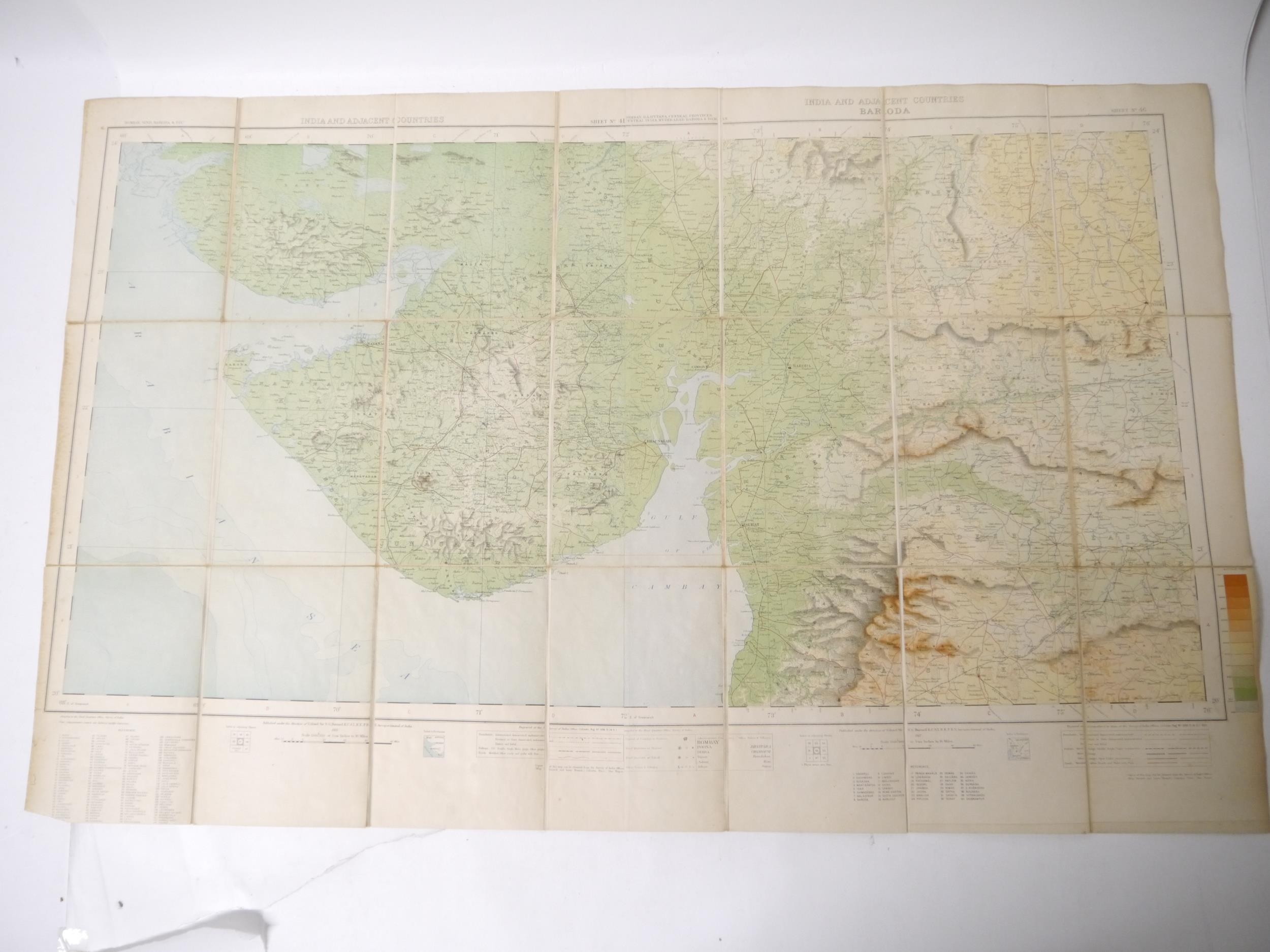 Edward Stanford: 'India and Adjacent Counties - Baroda', folding colour lithographic map, 1917, - Image 2 of 3