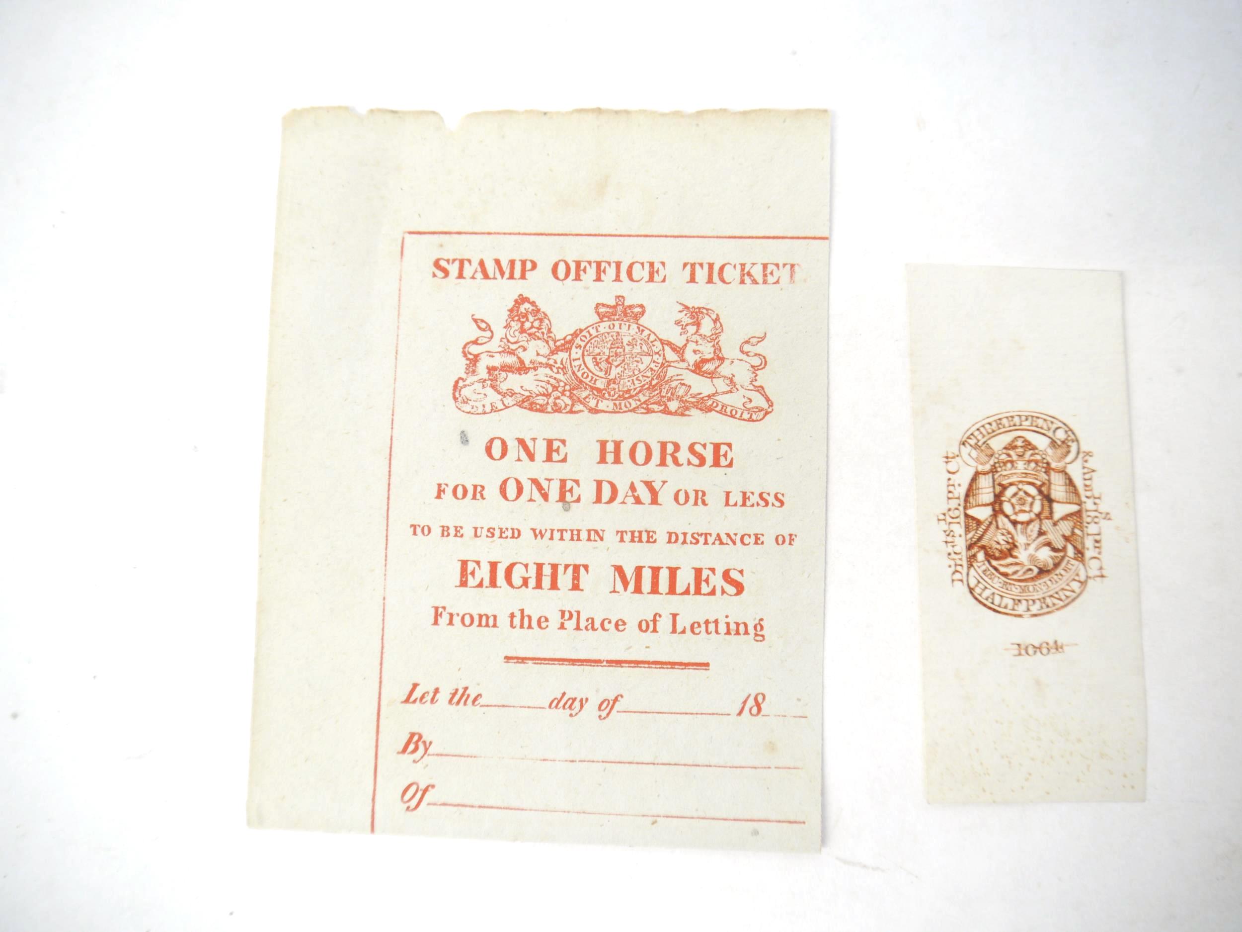 (Tax), An 1827 Post Horse Duty One day within eight miles ticket (unused). A duty first imposed in