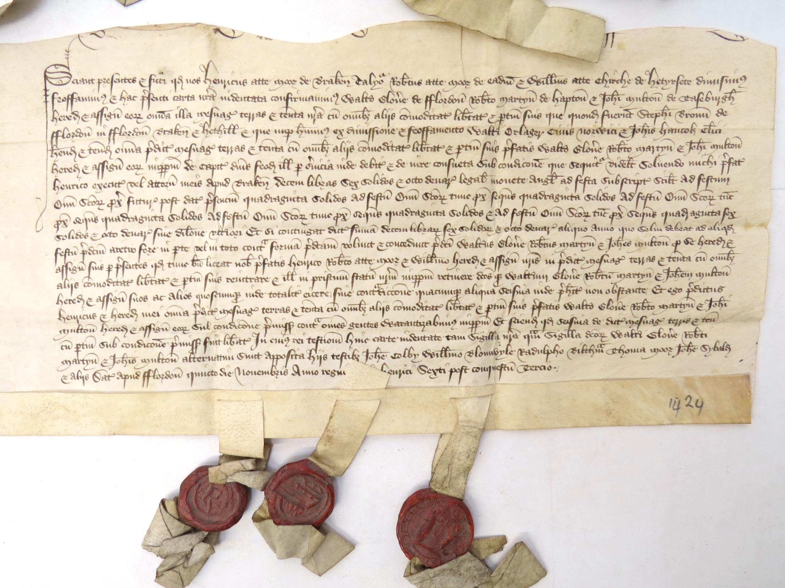 Feoffment (both halves of an indenture) for £10 6s 8d to be paid in instalments; 5 Nov 1424 Henry - Image 3 of 10