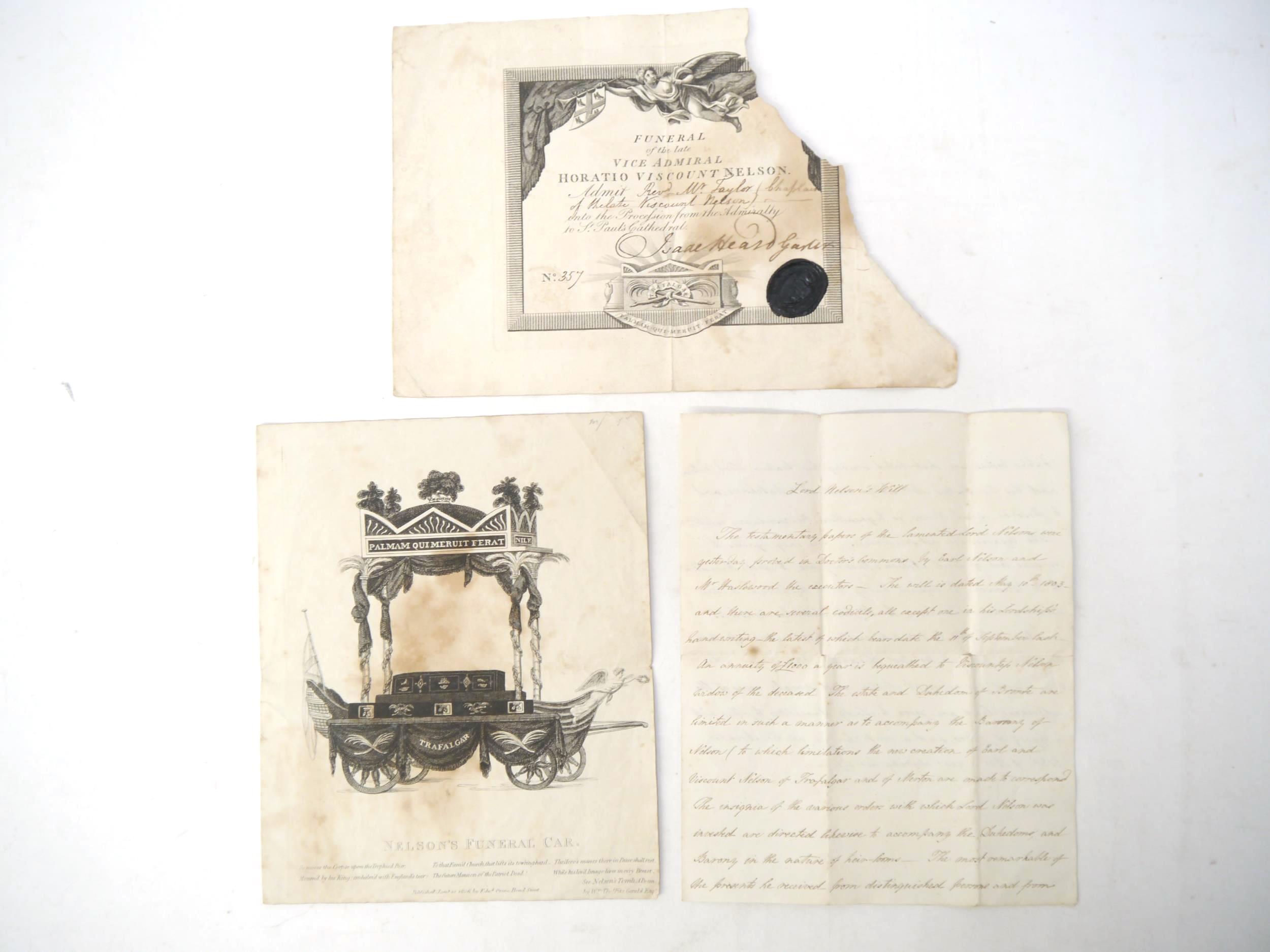 Horatio Nelson, 1st Viscount Nelson (1758-1805), a small quantity of ephemera relating to the